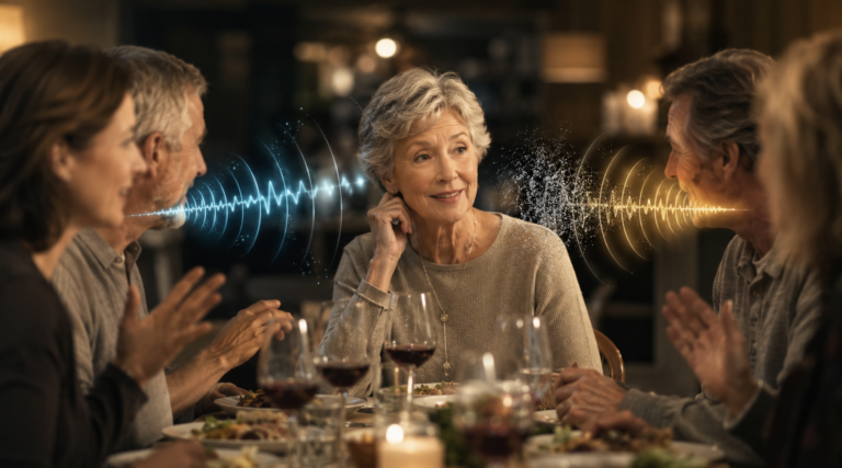 Older adult at a noisy dinner illustrating age-related hearing loss, where sound is heard but words dissolve