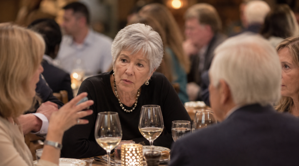 Older woman straining to understand speech at a noisy restaurant table