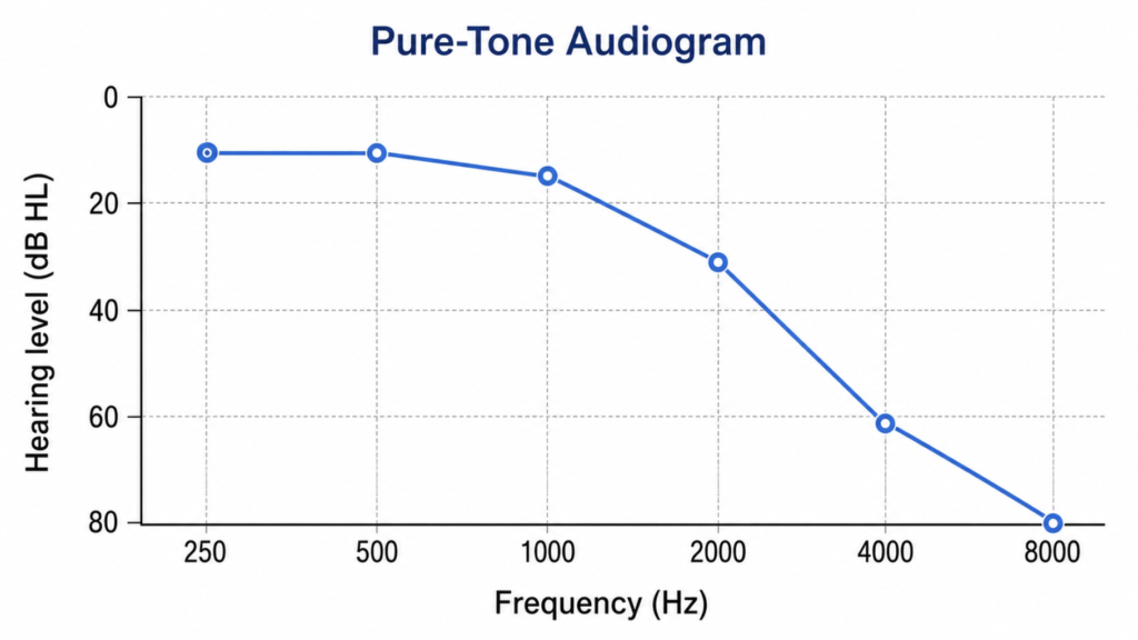 Audiogram showing high-frequency sloping sensorineural hearing loss typical of age-related hearing loss