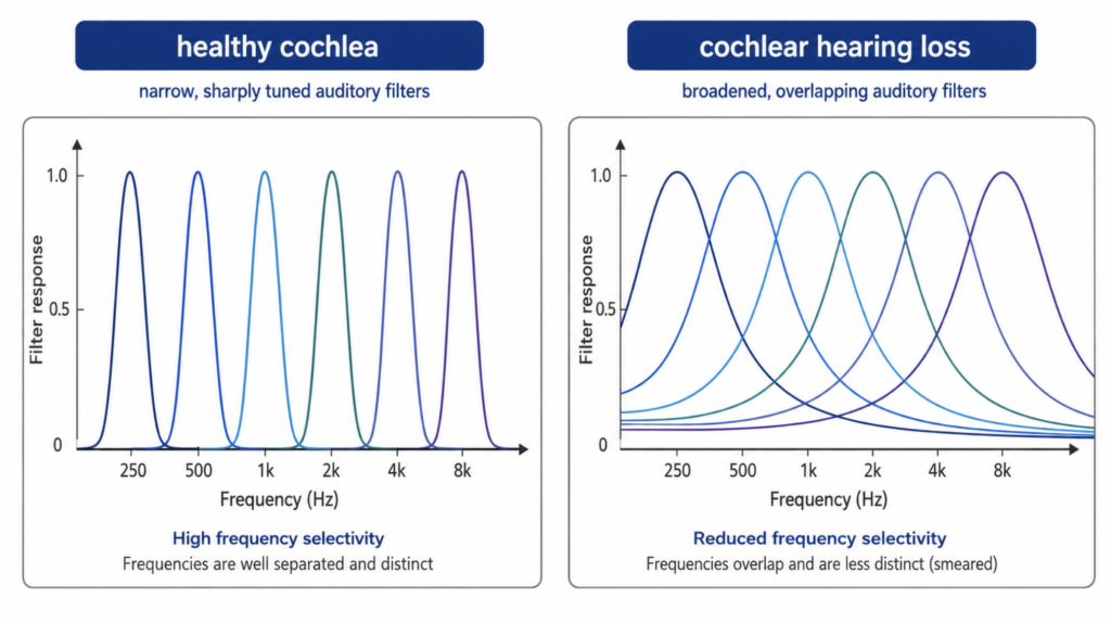 Diagram comparing sharp normal auditory filters with broadened filters that blur frequencies in hearing loss