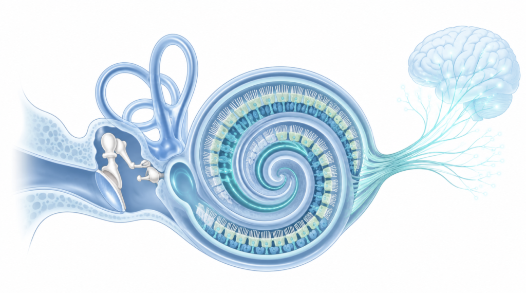 Cross-section illustration of the cochlea and inner-ear hair cells affected by the physiology of presbycusis