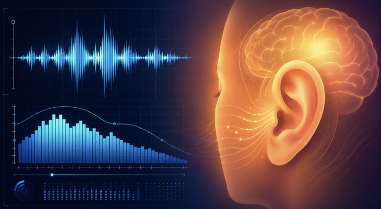 Subjective vs objective sound compared — a measured waveform on one side and a human ear perceiving it on the other.