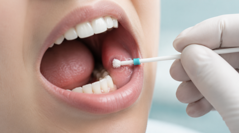 Oral cancer swab test accuracy illustrated by a painless brush biopsy sampling a mouth lesion.