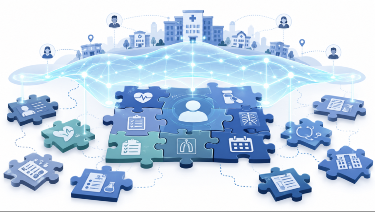 Role of Palantir: Conceptual image of fragmented patient records being linked by a single data-integration layer