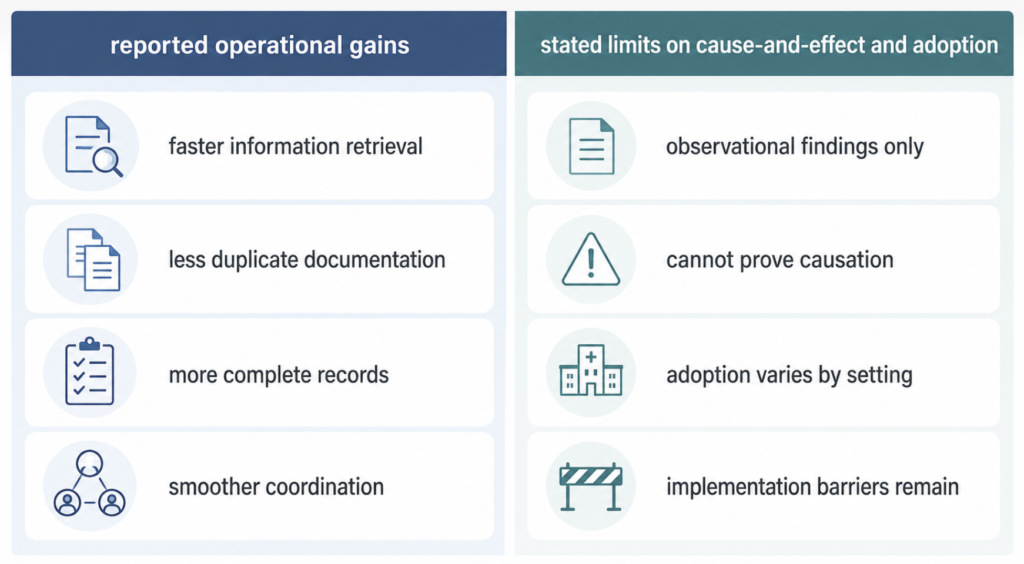 Comparison graphic contrasting reported FDP operational gains with stated limits on causation and adoption