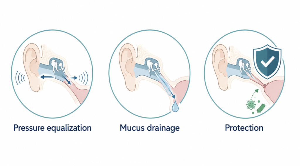 Infographic of the three eustachian tube functions: pressure equalization, drainage, and protection.