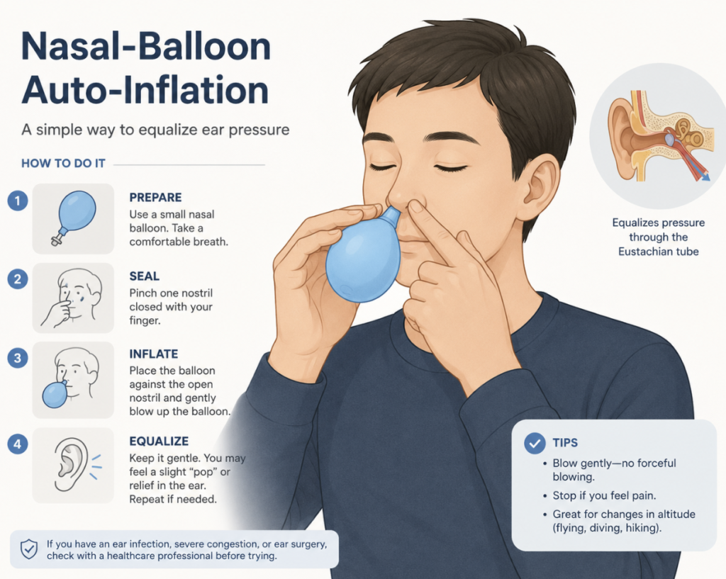 Person using a nasal balloon device to support eustachian tube function and equalize ear pressure.