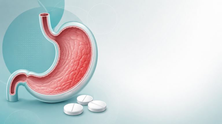 Illustration of NSAID-induced gastric ulcers: anti-inflammatory pills beside a stomach with an irritated inner lining.