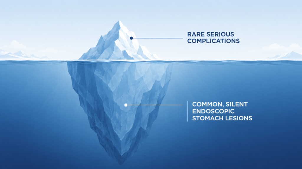Iceberg infographic showing common silent endoscopic stomach lesions below the surface and rare serious NSAID complications above it.