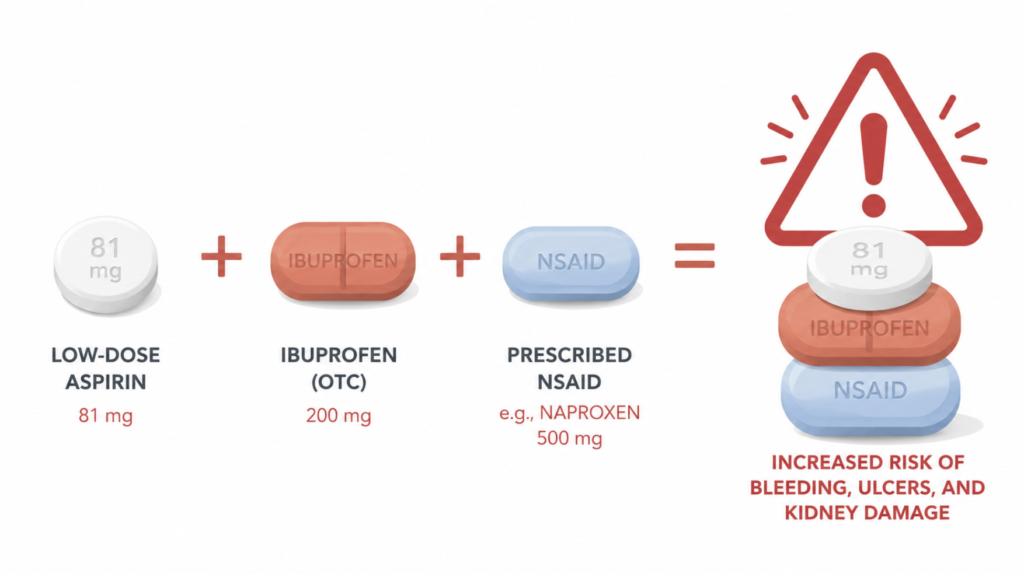 Infographic showing low-dose aspirin, OTC ibuprofen, and a prescribed NSAID adding up as overlapping NSAIDs.
