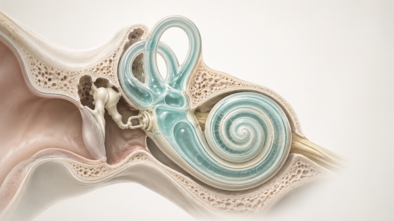 Inner ear cross-section illustrating the endolymphatic compartment for a guide on Ménière's disease