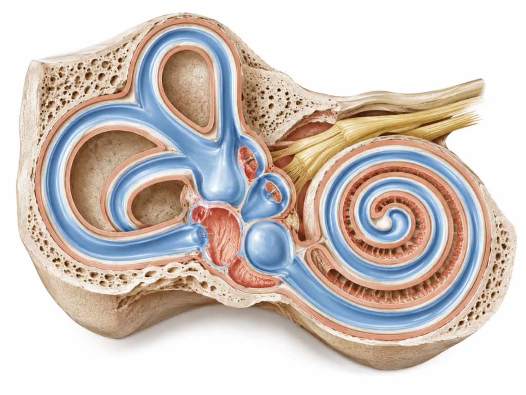Cross-section of the inner ear showing the fluid-filled endolymphatic compartment