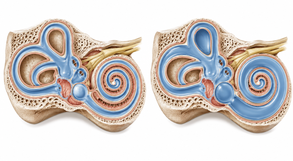 Diagram comparing a normal inner ear with one affected by endolymphatic hydrops