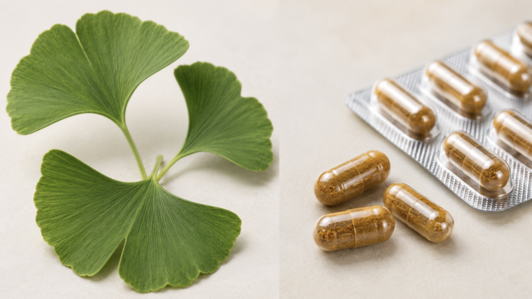 Does Ginkgo Biloba Work — ginkgo leaves beside herbal supplement capsules on a clinical background