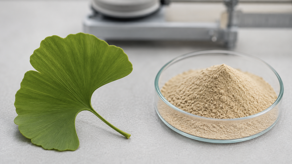 Raw ginkgo leaf next to standardized EGb 761 extract powder, illustrating that supplements are not all equivalent