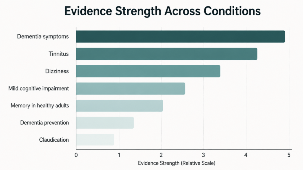 Bar chart comparing the strength of independent evidence for ginkgo across dementia, tinnitus, dizziness, memory, and circulation
