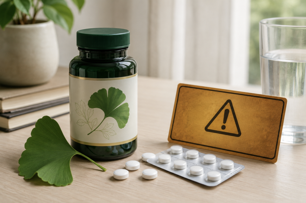 Ginkgo supplement beside blood-thinner tablets, illustrating the bleeding-risk interaction and surgery caution