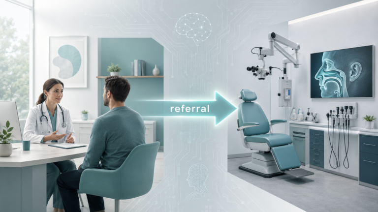 AI ENT referral decision illustrated between a front-line clinic and a specialist ENT room