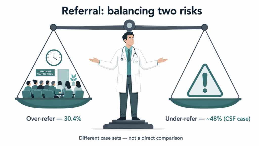 Balance scale showing over-referral (30.4%) versus under-referral (about 48% in the CSF case) in ENT decision-making