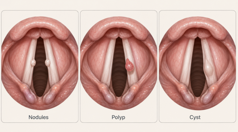 Vocal nodule vs vocal polyp vs intracordal cyst compared across three laryngoscopy views of the vocal folds