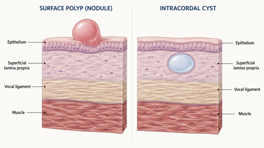 Cross-section of a vocal fold showing a surface polyp versus an intracordal cyst inside the lamina propria