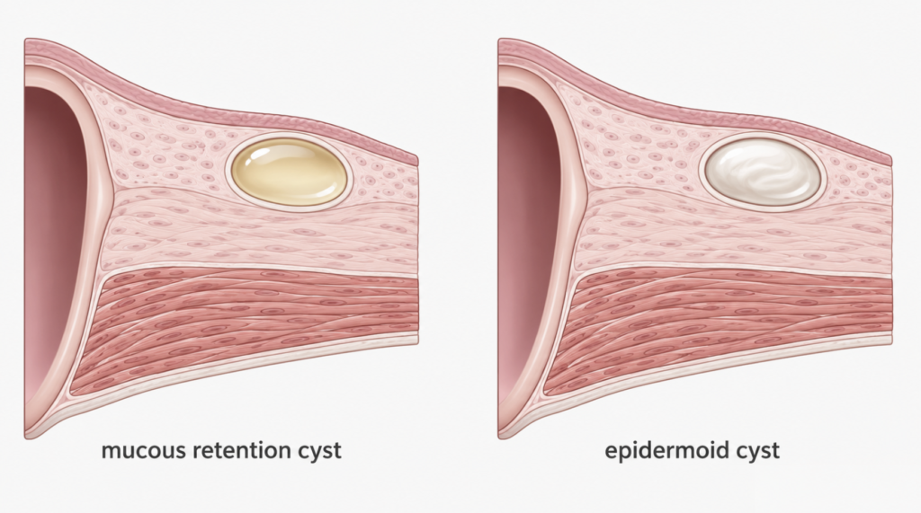 Mucous retention cyst versus epidermoid cyst of the vocal fold, showing mucus versus keratin contents