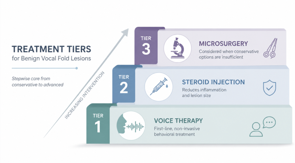Treatment tiers for benign vocal fold lesions: voice therapy, steroid injection, and microsurgery