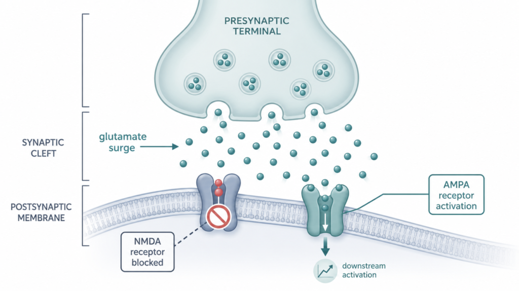 diagram of how esketamine blocks NMDA receptors and triggers a glutamate surge
