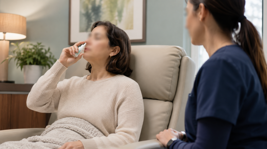 patient self-administering esketamine nasal spray under clinical supervision