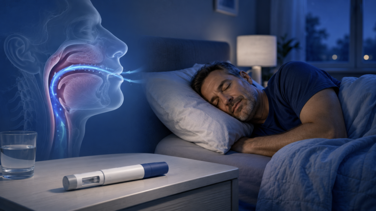 Tirzepatide for sleep apnea concept — a weekly injection pen beside a sleeping patient with an upper-airway overlay