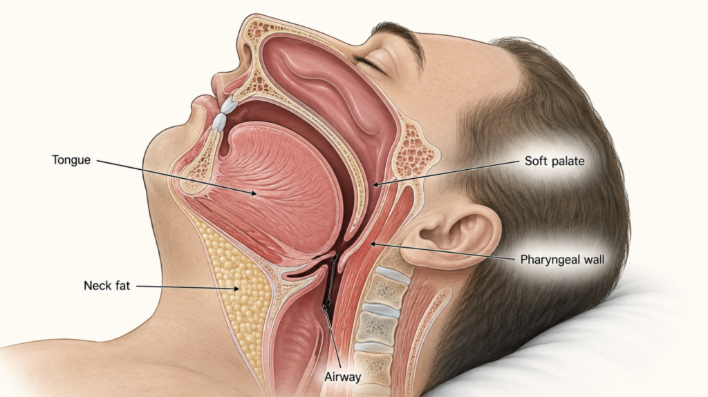 Anatomical diagram of upper airway collapse during sleep in obstructive sleep apnea