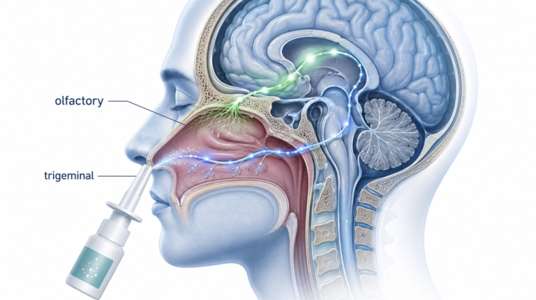 Diagram of nose to brain drug delivery showing a nasal spray reaching the brain via olfactory and trigeminal nerves past the blood-brain barrier