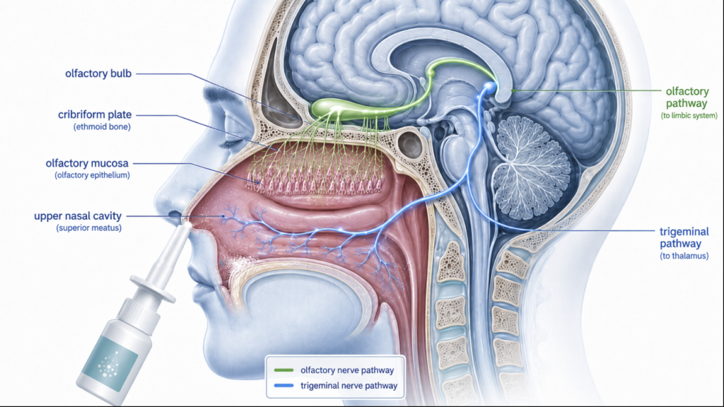 Olfactory and trigeminal nerve pathways carrying a drug from the upper nasal cavity into the brain, using the nose to brain drug delivery pathway.