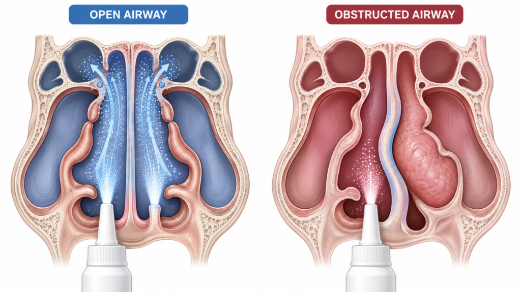 Comparison of nasal spray deposition in an open airway versus one obstructed by a deviated septum