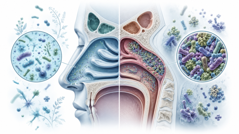 Sinus microbiome illustration showing balanced versus disrupted bacterial communities in chronic sinusitis