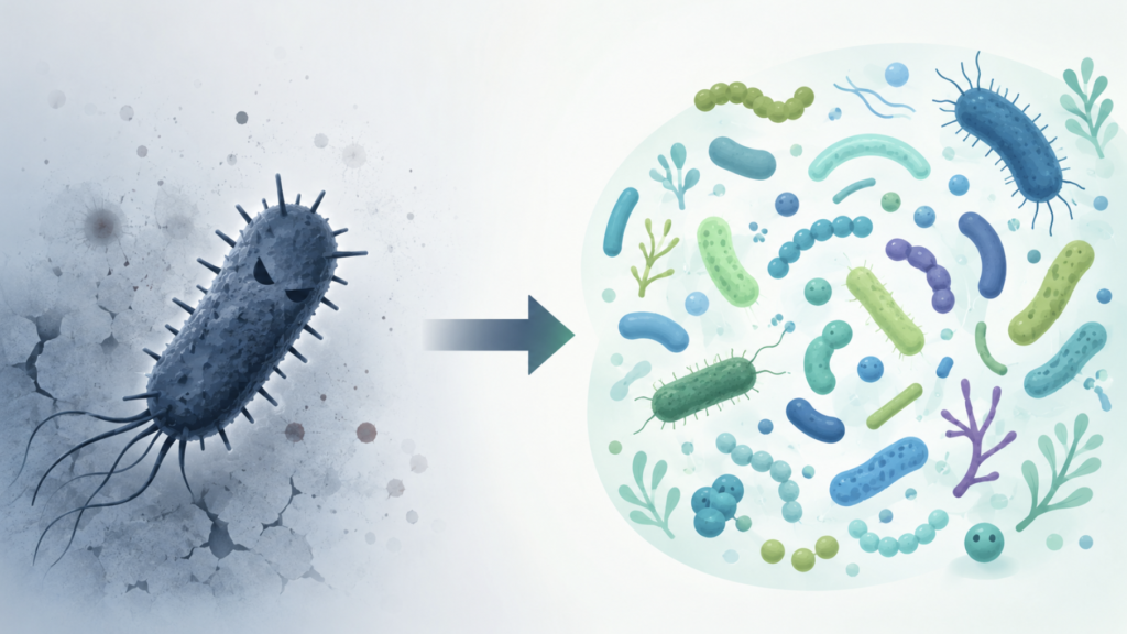 Diagram contrasting single-pathogen infection model with microbial imbalance model of chronic sinusitis