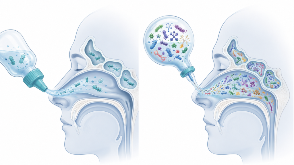 Illustration comparing probiotic nasal rinse and sinonasal microbiome transplant approaches for chronic sinusitis