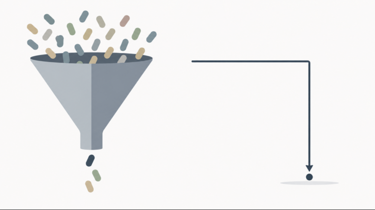 Editorial illustration contrasting clinical attrition with abrupt market repricing in drug development.