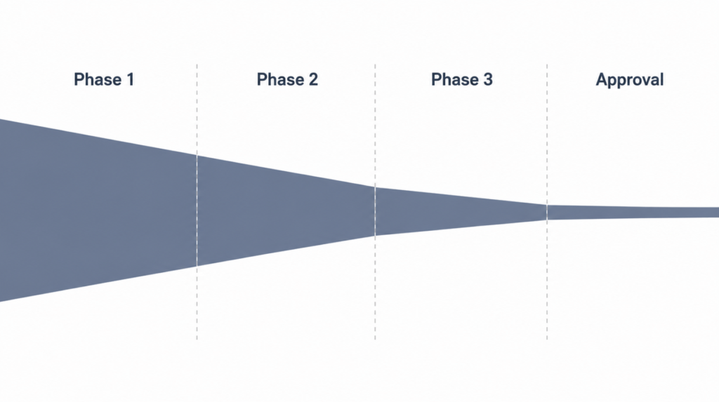 Timeline diagram showing a drug development program moving from Phase 1 to approval, with the surviving proportion narrowing sharply at each stage.
