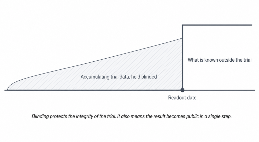 Diagram showing that data accumulate steadily throughout a blinded clinical trial while information available outside the trial stays at zero, then rises in a single vertical step on the scheduled readout date, illustrating why value in clinical-stage biotechnology resolves all at once rather than gradually.
