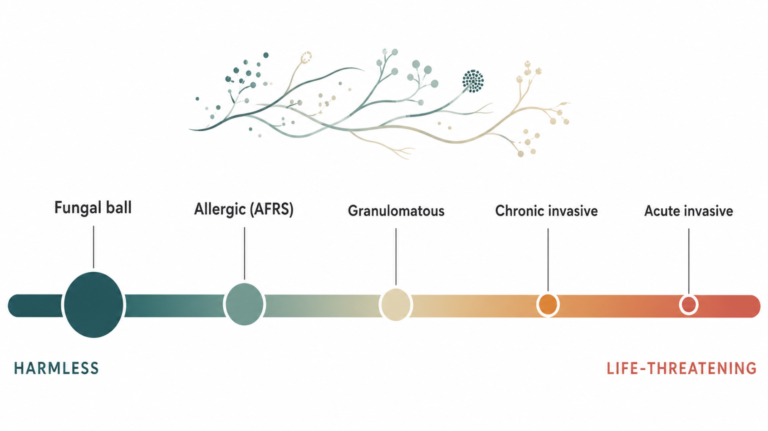 Conceptual spectrum illustration of the five types of fungal sinusitis, from harmless to life-threatening