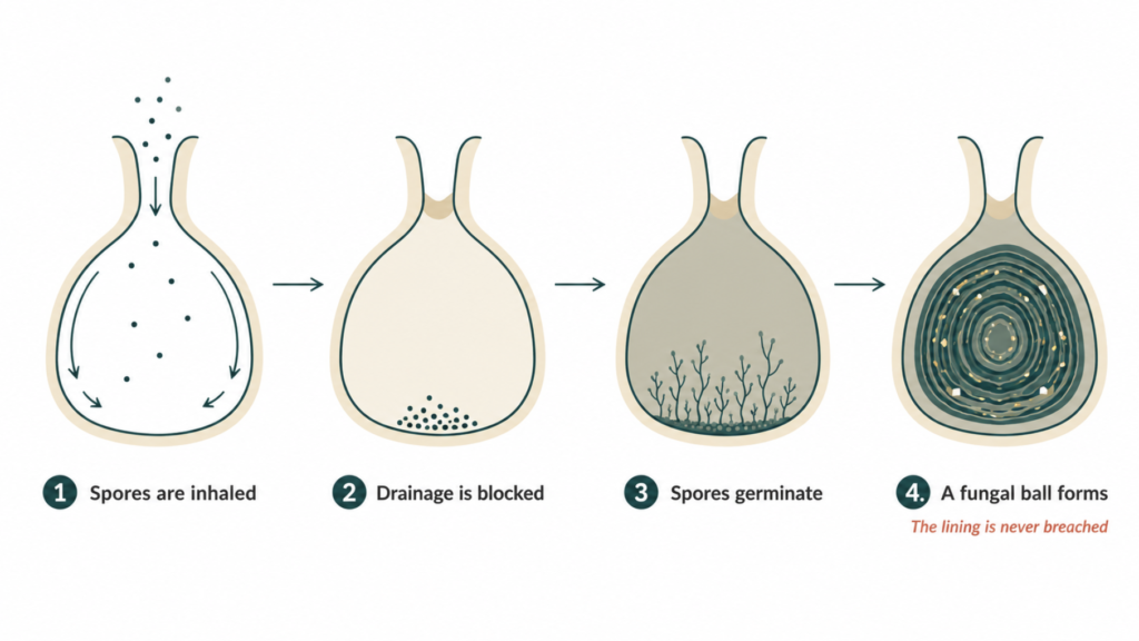 Four-step diagram showing how a sinus fungal ball forms, from inhaled spores to a calcified fungal mass