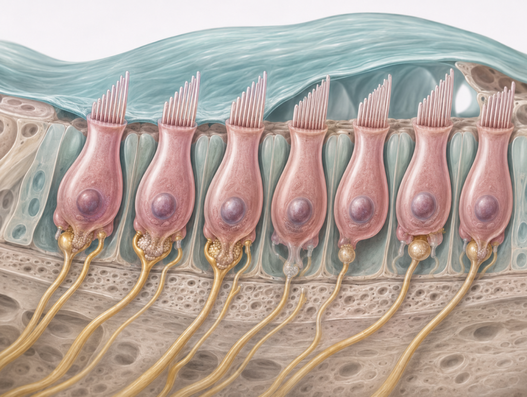 Illustration of cochlear synaptopathy, showing intact hair cells with lost synaptic connections to auditory nerve fibers