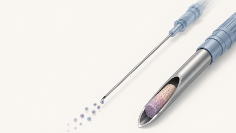 Fine Needle Aspiration vs Core Needle Biopsy illustration comparing a fine needle collecting scattered cells with a core needle holding an intact tissue cylinder