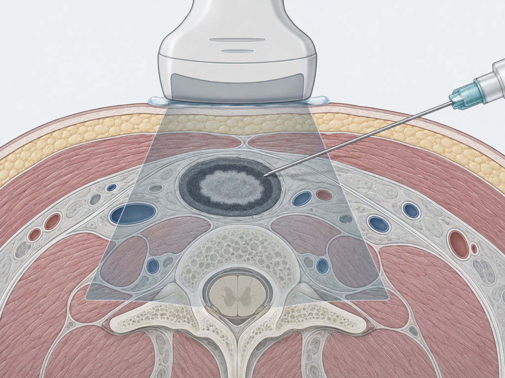 Cross-sectional diagram of ultrasound-guided needle biopsy targeting the thickened cortex of a cervical lymph node