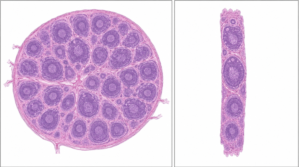 Comparison of an excisional lymph node biopsy showing full nodal architecture beside a narrow core needle biopsy sampling only a fraction of it