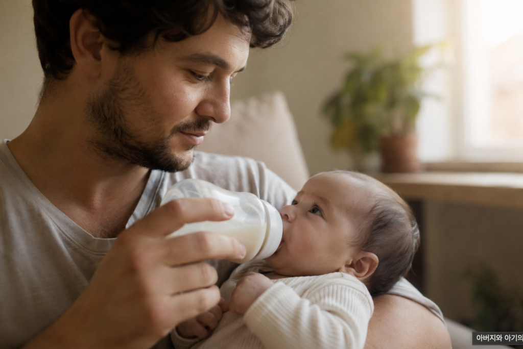 Parent bottle-feeding an infant and watching closely for breathing difficulty