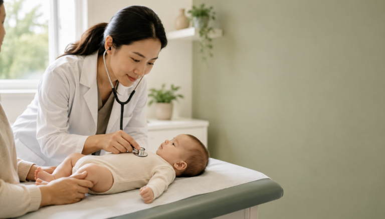 Doctor examining an infant with noisy breathing to assess laryngomalacia in infants
