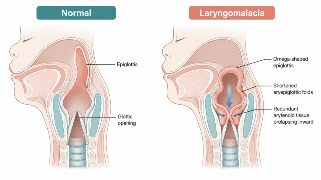 Diagram comparing a normal infant larynx with supraglottic collapse in laryngomalacia