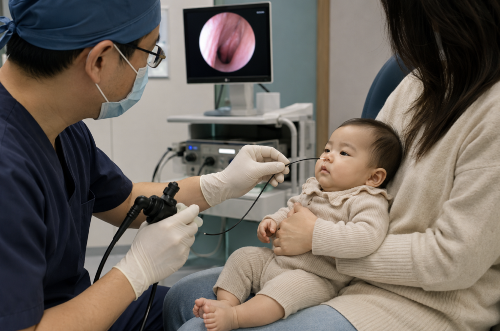 Flexible laryngoscopy performed on an awake infant to diagnose laryngomalacia